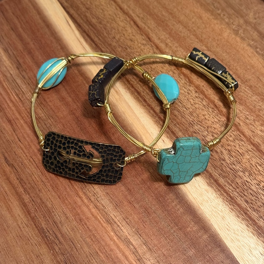 Gold and Turquoise Wire Bangle Set